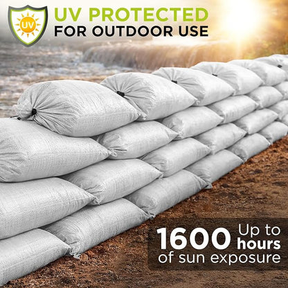Heavy Duty Sand Bags Pack of 6, White Empty Sandbags with Built-In Ties, Woven Polypropylene UV Protection 1600 Hours, Fillable Bags for Flood Control, Weight, 30x36 inches, 150 Pounds Volume