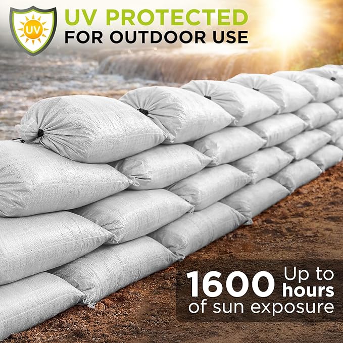 Heavy Duty Sand Bags Pack of 3, White Empty Sandbags with Built-In Ties, Woven Polypropylene UV Protection 1600 Hours, Fillable Sand Bags for Flood Control, Weight, 10x14 inches, 15 Pounds Volume
