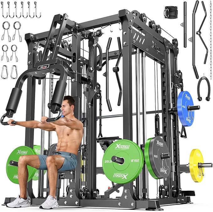 Smith Machine with Cable Crossover System, Multi-Function Power Cage Squat Rack for Home Gym, Power Rack and Packages Weight Sets.