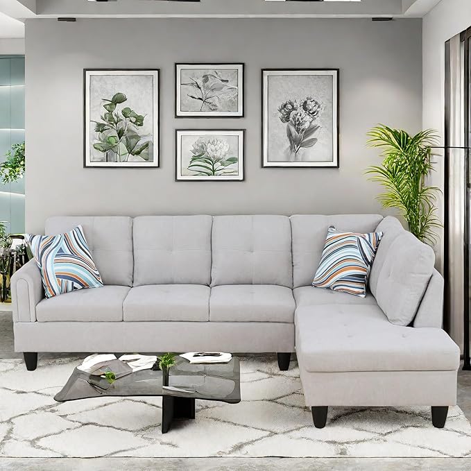 Convertible Sectional Couch, Large L Shaped Couch with Storage, Modern Modular 5-Seat Sectional Sofa with Ottomans for Living Room and Office, Light Grey