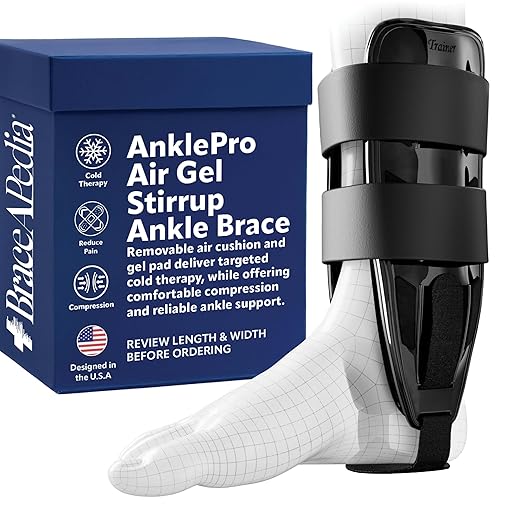 AnklePro Air Cushion Stirrup Ankle Stabilizer Brace - Removable Cold Therapy 3-Strap Rigid Stirrup Ankle Splint w/Gel Pad for Women & Men - Lateral Support for Stability, Black, Trainer