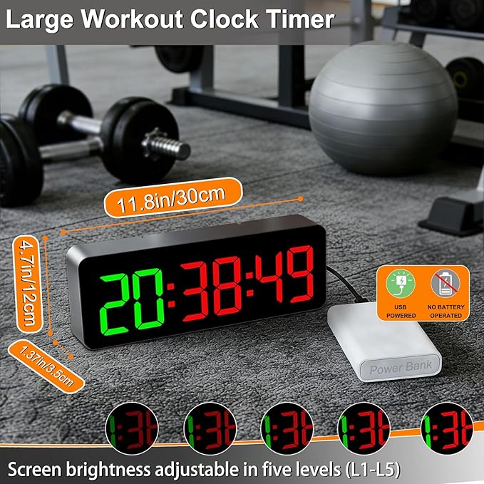 Gym Clock Timer for Tabata/FGB/EMOM,Interval Workout with Large LED Display,Digital Wall Clock with Seconds | Fitness Timer with Remote Control for Classroom Home Garage Office