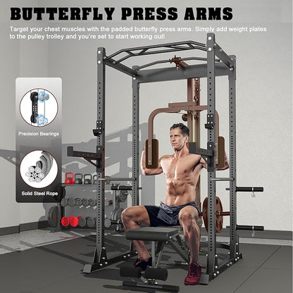 BEKING Power Cage, 2000LBS Power Rack with LAT Pulldown, 2.36" ×2.36" Multi-Functional Squat Rack, Squat Cage with Pulley System and More Training Attachments for Home Gym