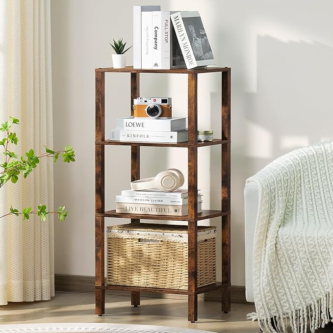 4 Tier Tall Wooden Bookshelf with Storage - Small Bookcase for Small Spaces, Shelf for Living Room, Office, Bedroom, Kitchen - Industrial Retro Brown Book Shelf