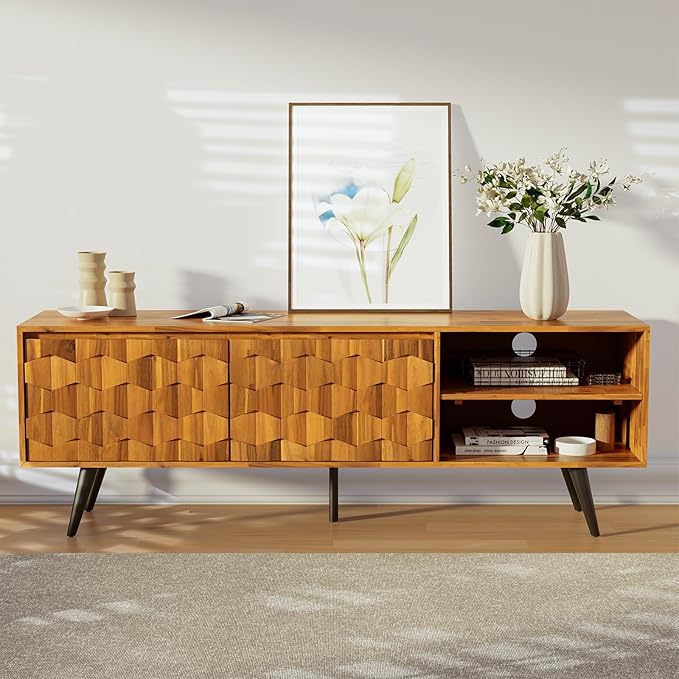 Bme Georgina Solid Wood, 10 Minutes Assembly Entertainment Center with Storage Geometric Pattern Console for Living, Bedroom, Dining Room, TV Stand 65 Inch, Teak Brown