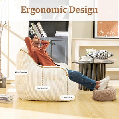 Bean Bag Chair for Adults - Faux Fur, Fluffy and Comfy with Filler, Big Sofa for Reading, Gaming (Beige, Oversize)