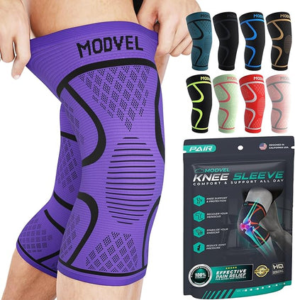 Modvel Knee Sleeves for Pain Women & Men - 2 Pack Brace for Pain Set, Brace Compression Sleeve, Support for Knee Pain Meniscus Tear, ACL & Arthritis Pain Relief, Purple XXXL