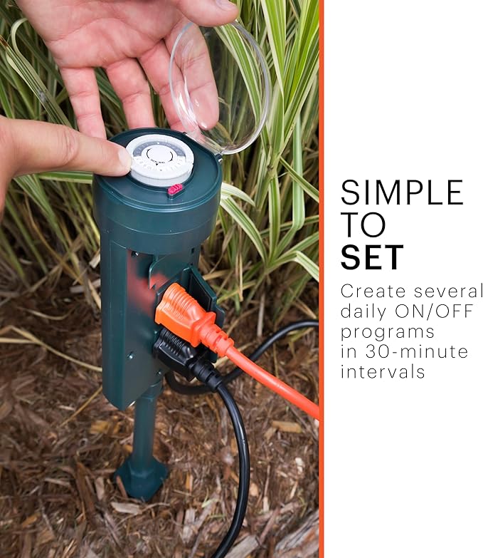 PowerGear Outdoor 6 Outlet Mechanical Stake Timer, Easy-to-Set Dial, 30-Minute Interval Pushpins, 19.7 Inch Cord with Weather-Resistant Covers, 64759