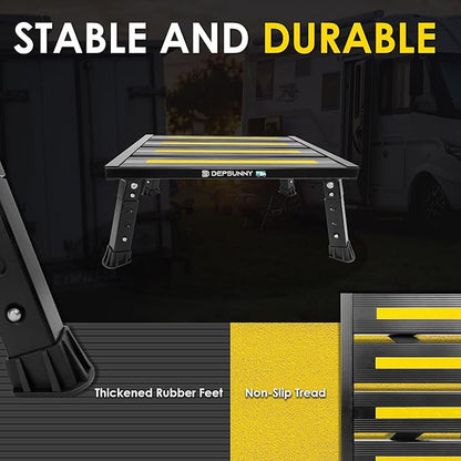 Adjustable Height Aluminum RV Step, Stable Foldable Platform Step Stool, Supports Up to 1,000 lb, Non-Slip Rubber Feet and Platform Mat, Easy to Carry (Black)