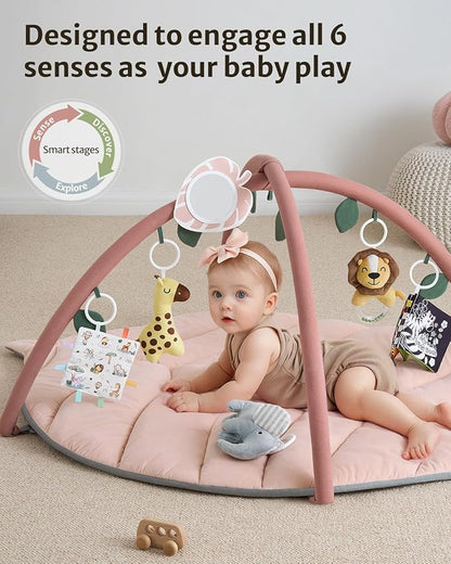 Blissful Diary Baby Play Gym & Activity Mat, Oversize Leaf Shaped Tummy Time Baby Play Mat w 6 Detachable Toys Promotes Motor Skills & Sensory Development, Newborn Infant Essentials Gift, Crystal Pink