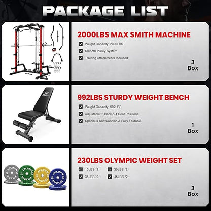 JELENS SR01 Smith Machine, 2000LBS Multi-Function Power Cage with LAT Pulldown System, All-in-One Home Gym Squat Rack with Smith Bar and Training Attachments for Full Body Workouts