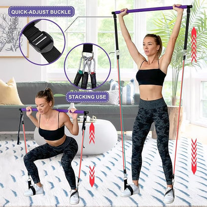 Goocrun Portable Pilates Bar Kit with Resistance Bands for Men and Women - 3 Set Exercise Resistance Bands - Multifunctional Home Gym - Supports Full-Body Workouts – with Fitness Poster and Video