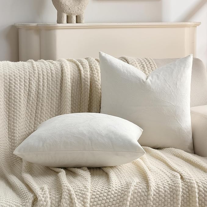 FUTEI Cream Velvet Throw Pillow Covers 20x20 Inch Set of 2,Soft Embossed Leaf-Relief Textured Cushion Cases,Natural Home Decor for Couch Living Room