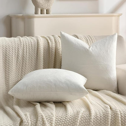 FUTEI Cream Velvet Throw Pillow Covers 24x24 Inch Set of 2,Soft Embossed Leaf-Relief Textured European Cushion Cases,Natural Home Decor for Couch Living Room