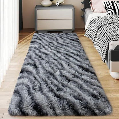 Soft Runner Rugs for Bedroom Hallways, 2x6 Black and White Fluffy Shag Throw Area Rug Non Slip for Bedside Dorm, Long Shaggy Furry Carpet for Nursery Living Room