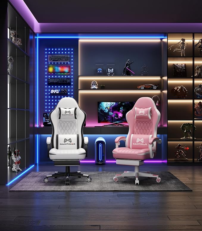 Gaming Chair, 400 lbs Adult Chair, High Back Computer Chair with Footrest and Linked Armrests, Office Video Game Chair with Lumbar Support (White+Black)