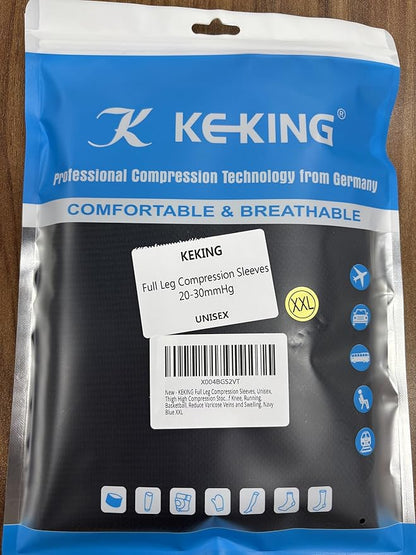 KEKING Full Leg Compression Sleeves, Unisex, Thigh High Compression Stocking 20-30mmHg Graduated Support for Thigh Calf Knee, Running, Basketball, Reduce Varicose Veins and Swelling, Navy Blue XXL