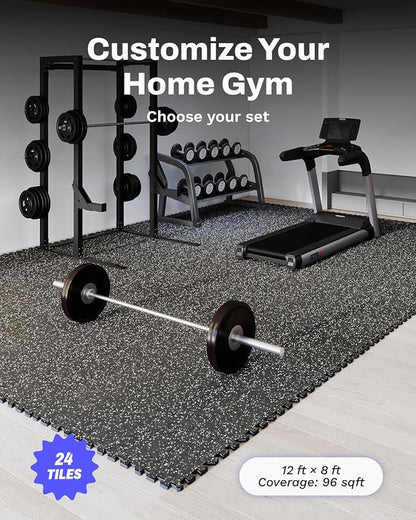 AIRHOP 0.56in Thick 96 Sq Ft Exercise Equipment Mats, 24 Tiles Upgraded Rubber Top with High Density EVA Foam, Large Interlocking Puzzle Gym Flooring for Home Gym, Heavy Weight Workout, 24 x 24in