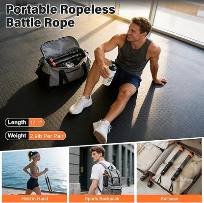 Weighted Ropeless Battle Ropes Adjustable Weight - Portable Cordless Battle Ropes for Home Gym with Workout Poster, Strength Building, HIIT & Low-Impact Cardio Training for Men & Women (Black/Orange)
