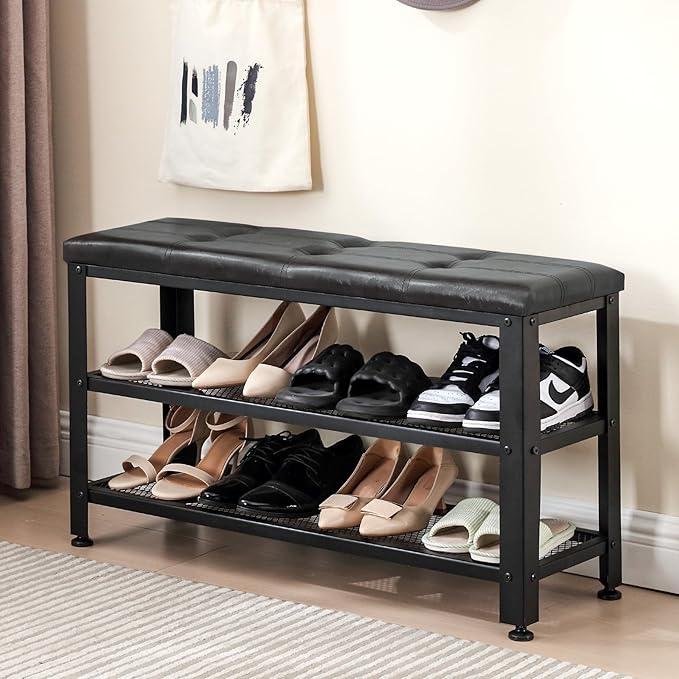 Apicizon 35.5" Shoe Rack Bench, 3-Tier Entryway Bench, with Leather Seat and Metal Frame, Loads 300 lb, Suitable for Living Room, Hallway, Mudroom, Doorway, Black
