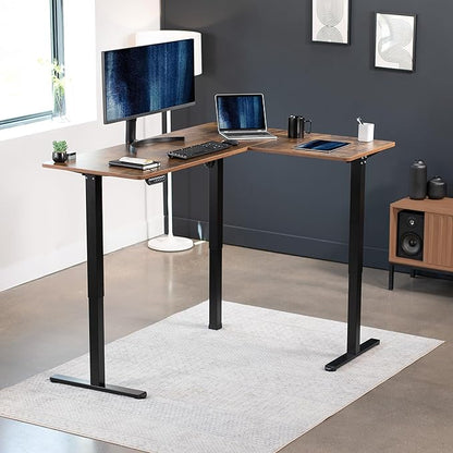VIVO Corner Standing Desk, 63 x 47 inch Reversible L-Shaped Workstation, Electric Height Adjustment, Home, Office, and Reception Rooms, Rustic Vintage Brown Table Top Black Frame, DESK-E3CTN-47