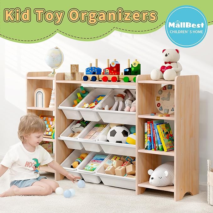 MallBest 4-Tier Kids' Toy Storage Organizer Shelf - 100% Solid Wood,Extra Wide Children's Storage Cabinet with 9 Plastic Bins and 6 Storage Ports