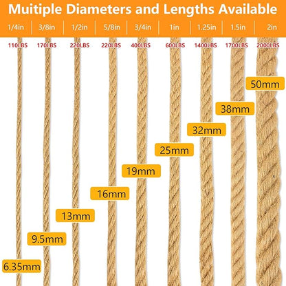 DEDU Hemp Rope 1/2 Inch X 25 Ft, Natural Manila Rope Twisted 4 Strand, Thick for Crafts Heavy Duty Multipurpose for Swing Bed, Camping, Docks, DIY Projects.