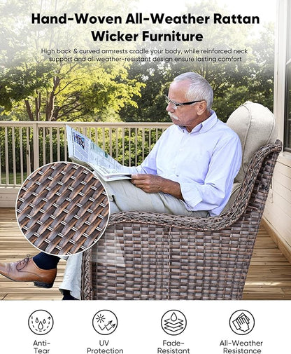 HUMMUH 8 Pieces Wicker Patio Furniture Set with Patio Swivel Chairs Set of 4,High Back Outdoor Sofa Coffee Table Ottomans,6 Inch Thick Cushions Outdoor Conversation Set for Porch, Balcony, Deck