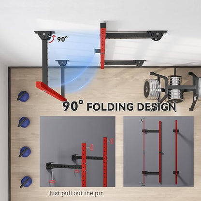 Soozier Folding Squat Rack with Adjustable Pull-Up Bar, 1000 Pounds Capacity Wall Mounted Power Rack, Adjustable Barbell Rack with J Hooks for Home Gym Full Body Workout