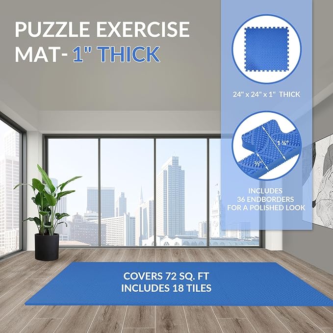 Fitvids Puzzle Exercise Gym Flooring Mat, 1" Thick High-Density EVA Interlocking Tiles, Workout Mat for Home Gym, Fitness Equipment, MMA, Gymnastics, 18-Piece Shock-Absorbing Exercise Mat (72 Sq Ft)
