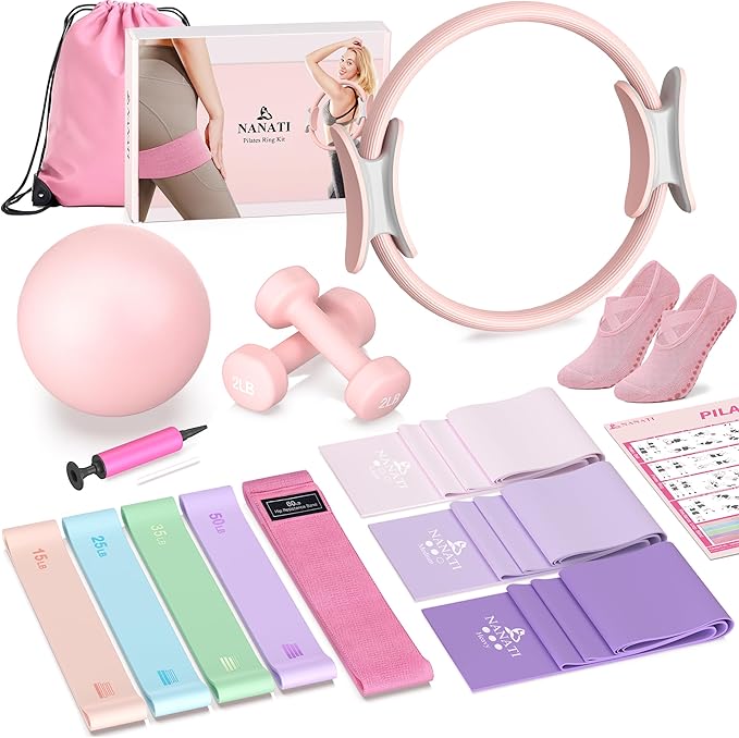 NANATI Pilates Kit, Pilates Essential Kit for Women, Pilates Equipment with 14.5" Pilates Ring and Ball, Resistance Bands,Dumbbells & Grip Socks Accessories, Home Pilates Workout Kit for Starter