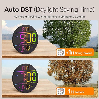 JALL 10" Large Digital Wall Clock with Seconds, Alarm Countdown Timer, Big LED Display, RGB Color, DST, Temperature, Mounted for Bedroom Living Room Office Classroom Gym, Xmas Birthday Gift, RGB