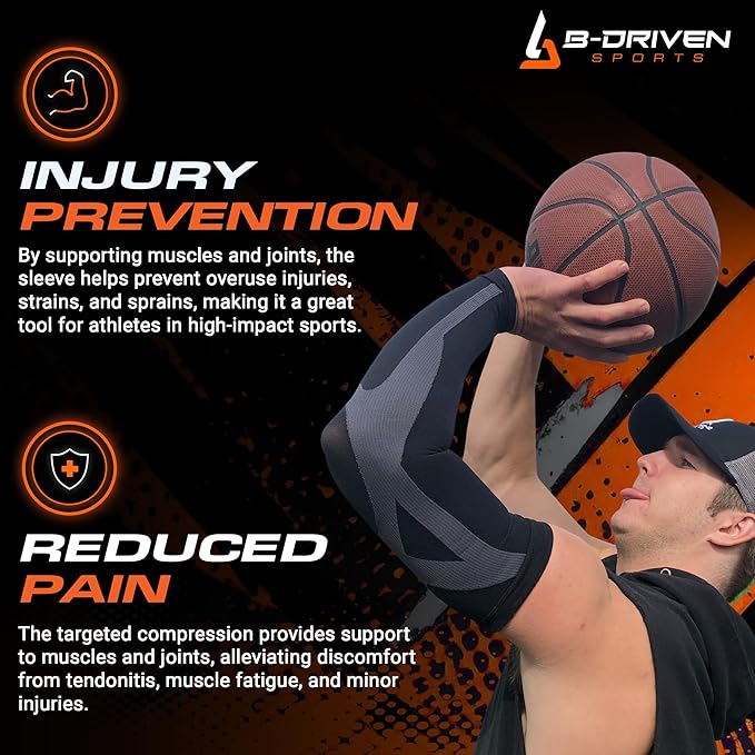 B-Driven Sports Graduated Compression Arm Sleeves, Medical Grade 20-30mmHg, For Baseball, Basketball, and more - 4 Colors