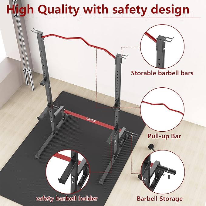 Lmdex Adjustable Squat Rack Barbell Rack Squat Stand Bench Press Pull Up Home Gym Weight Rack