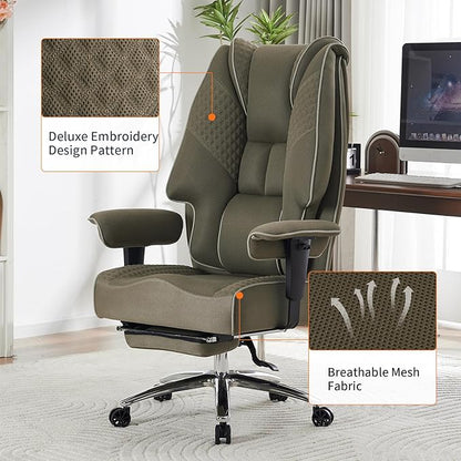 Big and Tall Office Chair 400lbs Wide Seat, Leather High Back Executive Office Chair with Foot Rest, Ergonomic Chairs Lumbar Support for Lower Back Pain Relief (Mesh Light Green)