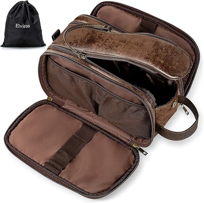 Elviros Travel Toiletry Bag for Men, Shaving Dopp Kit Water-resistant Bathroom Small Toiletries Organizer PU Leather Cosmetic Bags