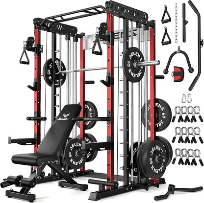 JELENS Smith Machine for Home Gym, Multi-Function M12 Power Cage with Cable Crossover System, Squat Rack with Smith Bar and More Attachment
