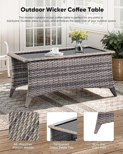 HUMMUH 6 inch Thick Cushion Wicker Patio Furniture Set with Outdoor Swivel Rocker Patio Chairs,High Back Outdoor Couch and Coffee Table for Porch Garden Deck