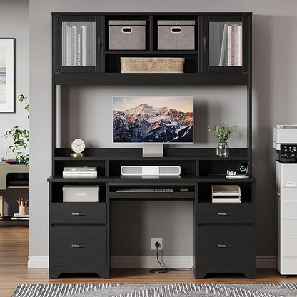 Bestier 77.8" H Executive Desk with Hutch, Modern Wood Computer Desk with Drawers, Charging Station, LED Light, Fluted Storage Cabinet, Keyboard Tray, 59" W Office Desk for Home Office, Black