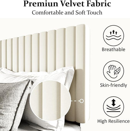 Full Size Bed Frame with Velvet Upholstered Headboard, Platform Bed with Strong Wood Slats, Mattress Foundation, Box Spring Optional, Easy Assembly, Beige