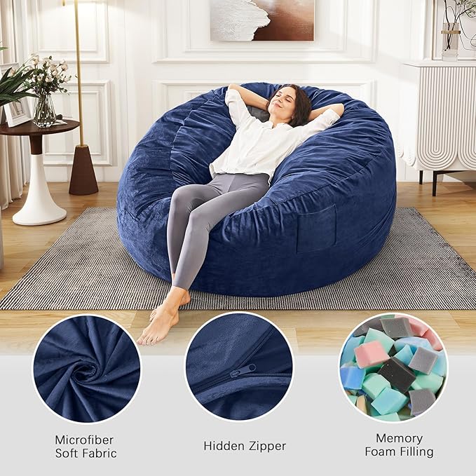 Bean Bag Chairs for Adults - Giant Bean Bag Chair Convertible Bean Bag Bed - Beanbag Chair with Micro Fiber Cover/Furniture Foam Filler - Floor Couch Sofa in Bedroom Dorm Room - Queen Navy Blue