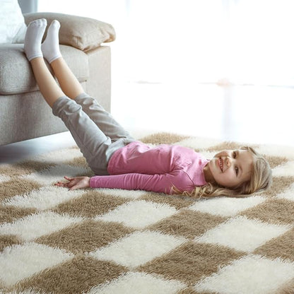 KICMOR Living Room Rug 7x9 Area Rug, Large Fluffy Shag Shaggy Fuzzy Checkered