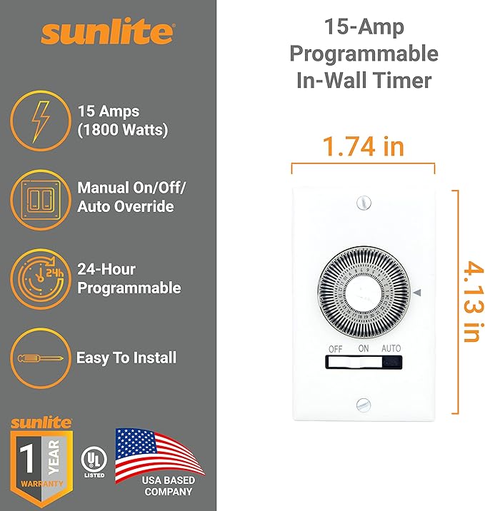 Sunlite 05014-SU 15-Amp Programmable in-Wall Timer, Heavy Duty, 20 Minute Intervals, Manual On/Off/Auto Override, UL Listed