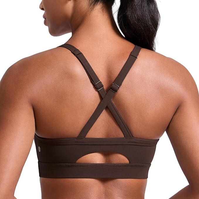CRZ YOGA Butterlift Cut-Out Cross Back Sports Bras for Women - Medium Impact Adjustable Thin Straps Pilates Padded Gym Tops