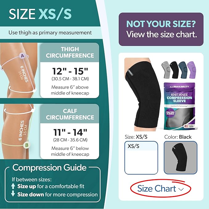 BraceAbility Knee Compression Sleeve - Knit Knee Pain Brace for Men and Women, Arthritis Relief, Meniscus Tear, Running, Workout, Sports, Swelling, Athletic Support for Joint Stability (XS/S Black)