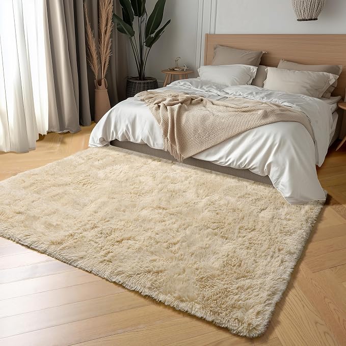 Amdrebio Beige Area Rugs for Living Room Bedroom, 6x9 Fluffy Plush Shag Furry