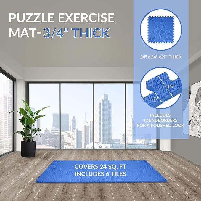 Fitvids Puzzle Exercise Gym Flooring Mat, 3/4" Thick High-Density EVA Interlocking Tiles Workout Mat for Home Gym, Fitness Equipment, MMA, Gymnastics, 6-Piece Shock-Absorbing Exercise Mat (24 Sq Ft)