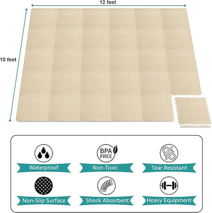 Sorbus 120 Sq. Ft. Wood Grain Floor Tiles Foam Mat EVA Interlocking Mats Tile 3/8-Inch Thick Flooring Wood Puzzle Exercise Mats w/Borders - Home Playroom Basement, Apartment, Trade Show, Baby, Dance