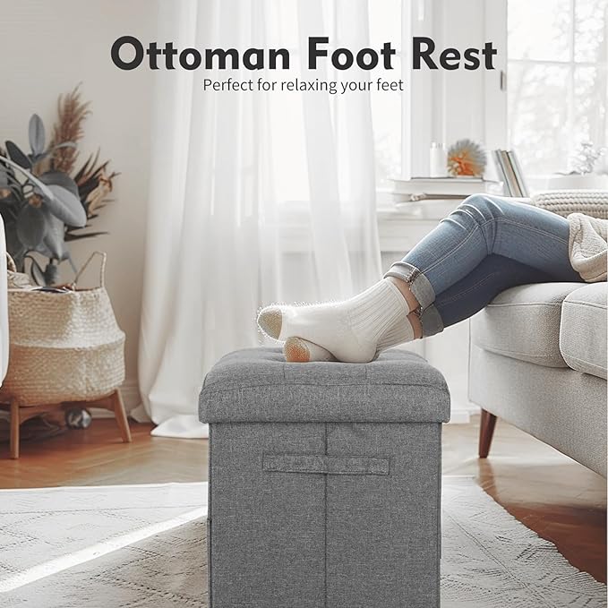 Storage Ottoman. Foot Rest Stool with Thicker Foam Padded Seat. Linen Footstool Storage Bench, 350 lbs Folding Bench Small Ottoman for Living Room, Bedroom, Coffee Table. 17x13x13in, Dark Gray