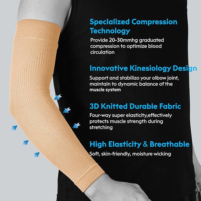 KEKING® Compression Arm Sleeves, Firm 20-30mmHg Graduated Compression Full Arm Support for Recovery, Pain Relief, Tendonitis, Golfers & Tennis Elbow Brace, Workouts Sports - Latex Free Beige 3XL